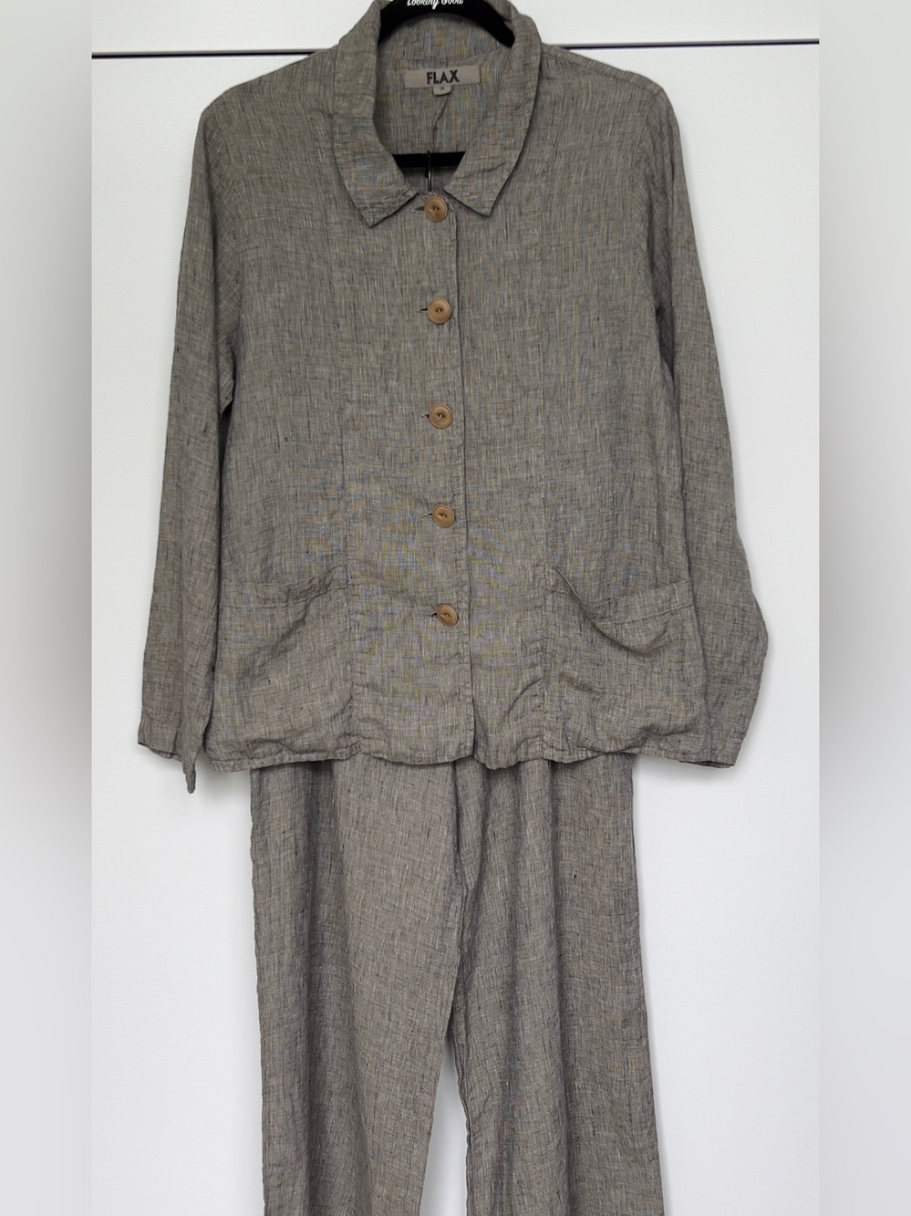 Flax brown LinenButton Jacket & Wide-Leg Pants Set